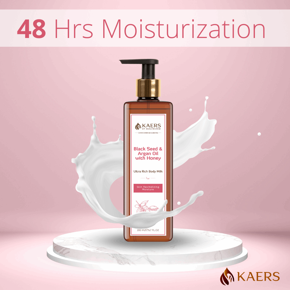 Kaers Kalonji (Black Seed) & Argan Oil with Honey Ultra Rich Body Milk - For Hydration and Moisturization | 200 ml - Kaers Life - Lotion & Moisturizer - kaers-by-healthcrew-ultra-rich-body-milk-black-seed-argan-oil-with-honey -