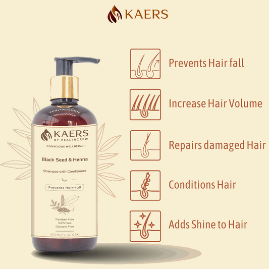 Kaers Hair Care Combo | Black Seed & Henna Shampoo + Black Seed, Henna & Costus Root Hair Oil - Controls Hair Fall & Thinning | 400 ml + 200 ml - Kaers Life - Shampoo 400 ml & Hair Oil - kaers-kalonji-hair-care-combo-black-seed-henna-shampoo-black-seed-henna-costus-root-hair-oil-nourishment-of-hair-paraben-free-sles-free-dioxane-free-mineral-oil-free-controls-hair-fall-thinni -