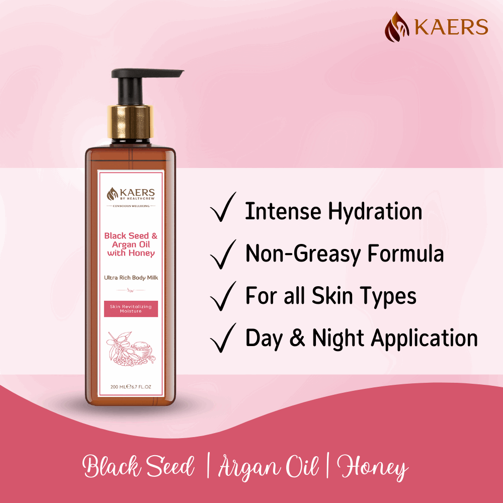 Kaers Kalonji (Black Seed) & Argan Oil with Honey Ultra Rich Body Milk - For Hydration and Moisturization | 200 ml - Kaers Life - Lotion & Moisturizer - kaers-by-healthcrew-ultra-rich-body-milk-black-seed-argan-oil-with-honey -