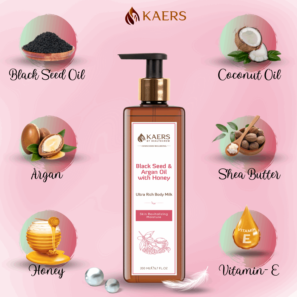 Kaers Kalonji (Black Seed) & Argan Oil with Honey Ultra Rich Body Milk - For Hydration and Moisturization | 200 ml - Kaers Life - Lotion & Moisturizer - kaers-by-healthcrew-ultra-rich-body-milk-black-seed-argan-oil-with-honey -