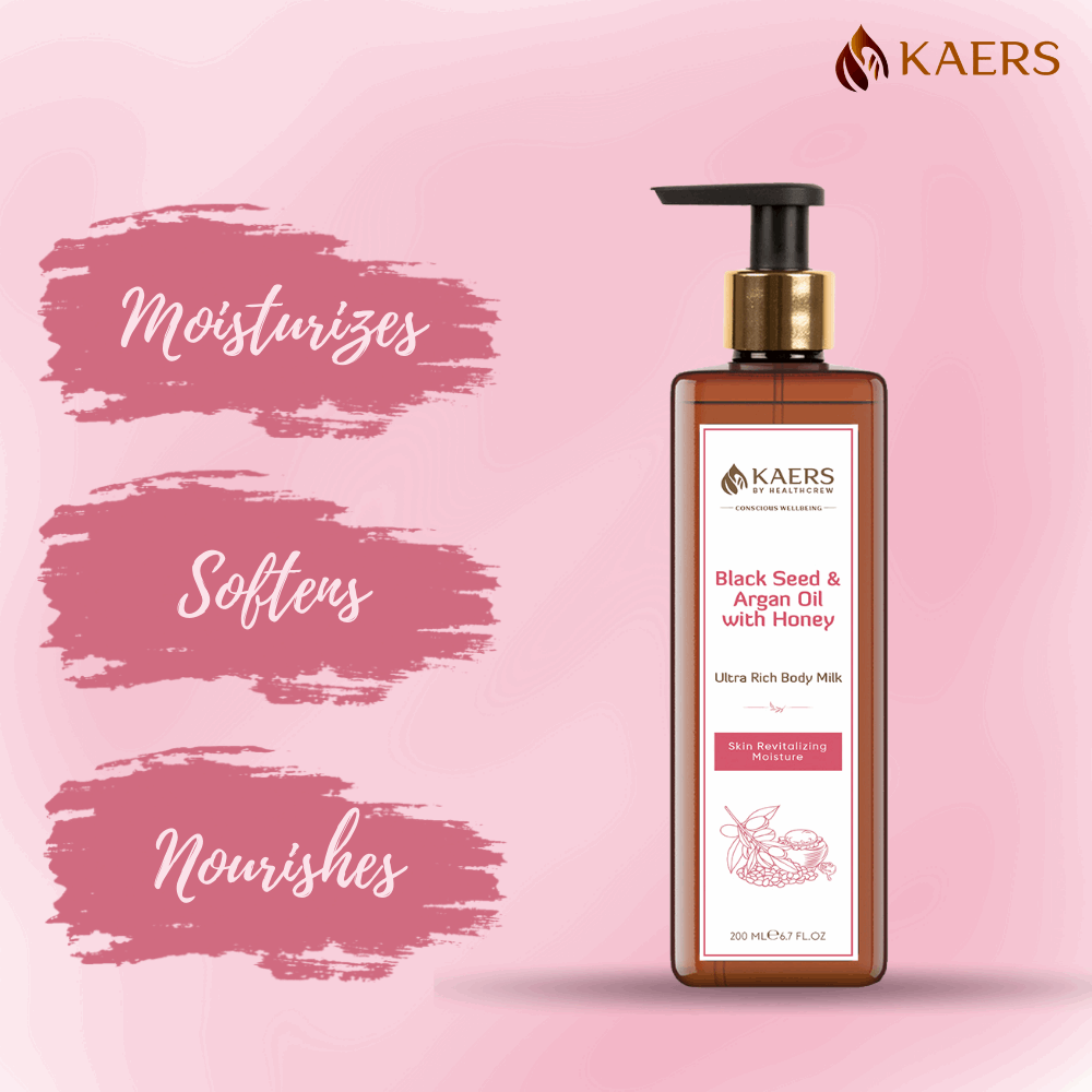 Kaers Kalonji (Black Seed) & Argan Oil with Honey Ultra Rich Body Milk - For Hydration and Moisturization | 200 ml - Kaers Life - Lotion & Moisturizer - kaers-by-healthcrew-ultra-rich-body-milk-black-seed-argan-oil-with-honey -