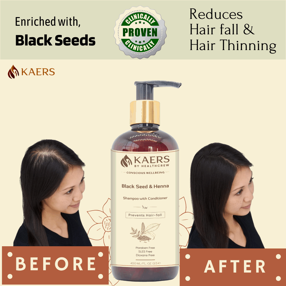 Kaers Hair Care Combo | Black Seed & Henna Shampoo + Black Seed, Henna & Costus Root Hair Oil - Controls Hair Fall & Thinning | 400 ml + 200 ml - Kaers Life - Shampoo 400 ml & Hair Oil - kaers-kalonji-hair-care-combo-black-seed-henna-shampoo-black-seed-henna-costus-root-hair-oil-nourishment-of-hair-paraben-free-sles-free-dioxane-free-mineral-oil-free-controls-hair-fall-thinni -