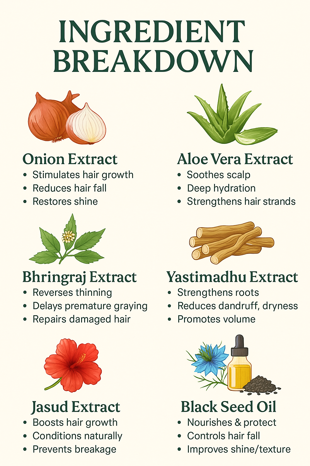 Ingredient breakdown of kaers hair care products with images and descriptions.