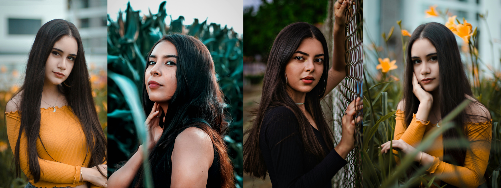 Four different portraits of a woman with long dark hair in various settings, showing benefits of kaers