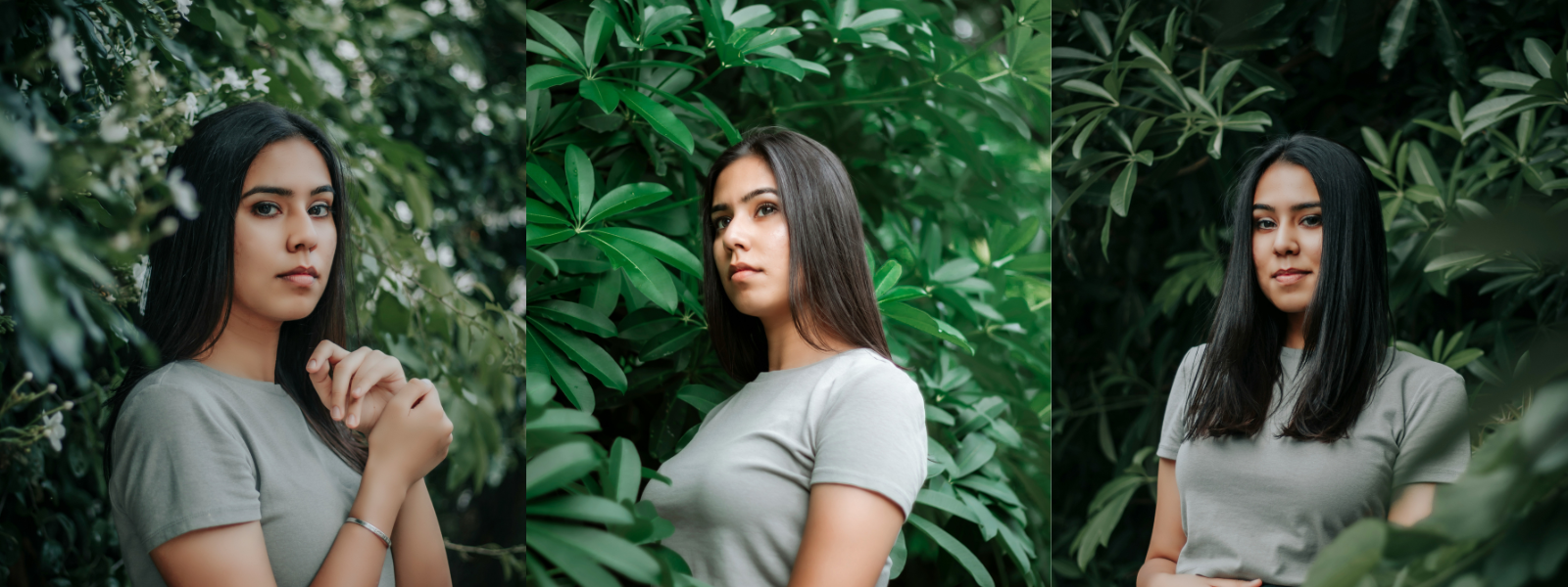 Three side-by-side images of a woman in a gray shirt against a green leafy background, with beautiful skin by kaers