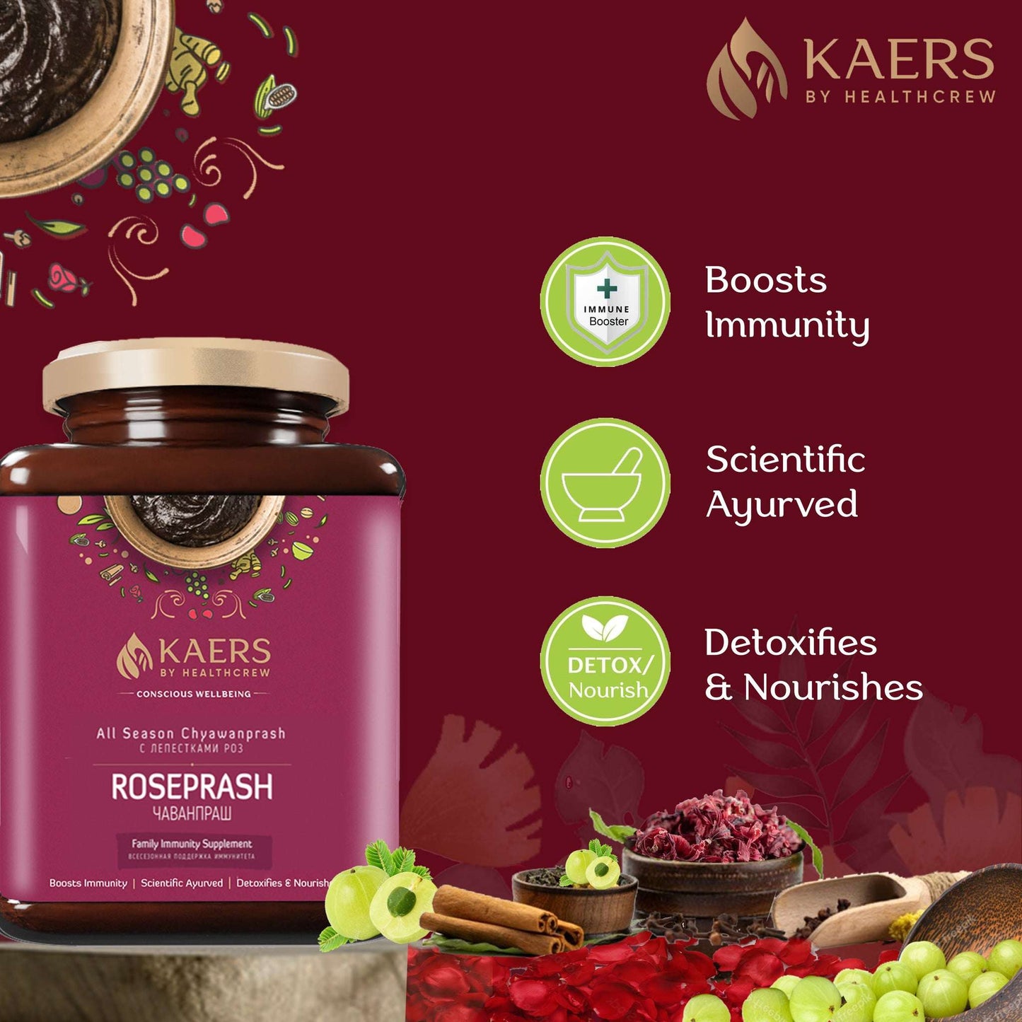 Kaers ROSEPRASH - Ayurvedic All Season Chyawanprash Enriched with Rose Petals | 500 gm Glass Jar - Kaers Life - Chyawanprash - kaers-by-healthcrew-roseprash-ayurvedic-all-season-chyawanprash-500-gm -
