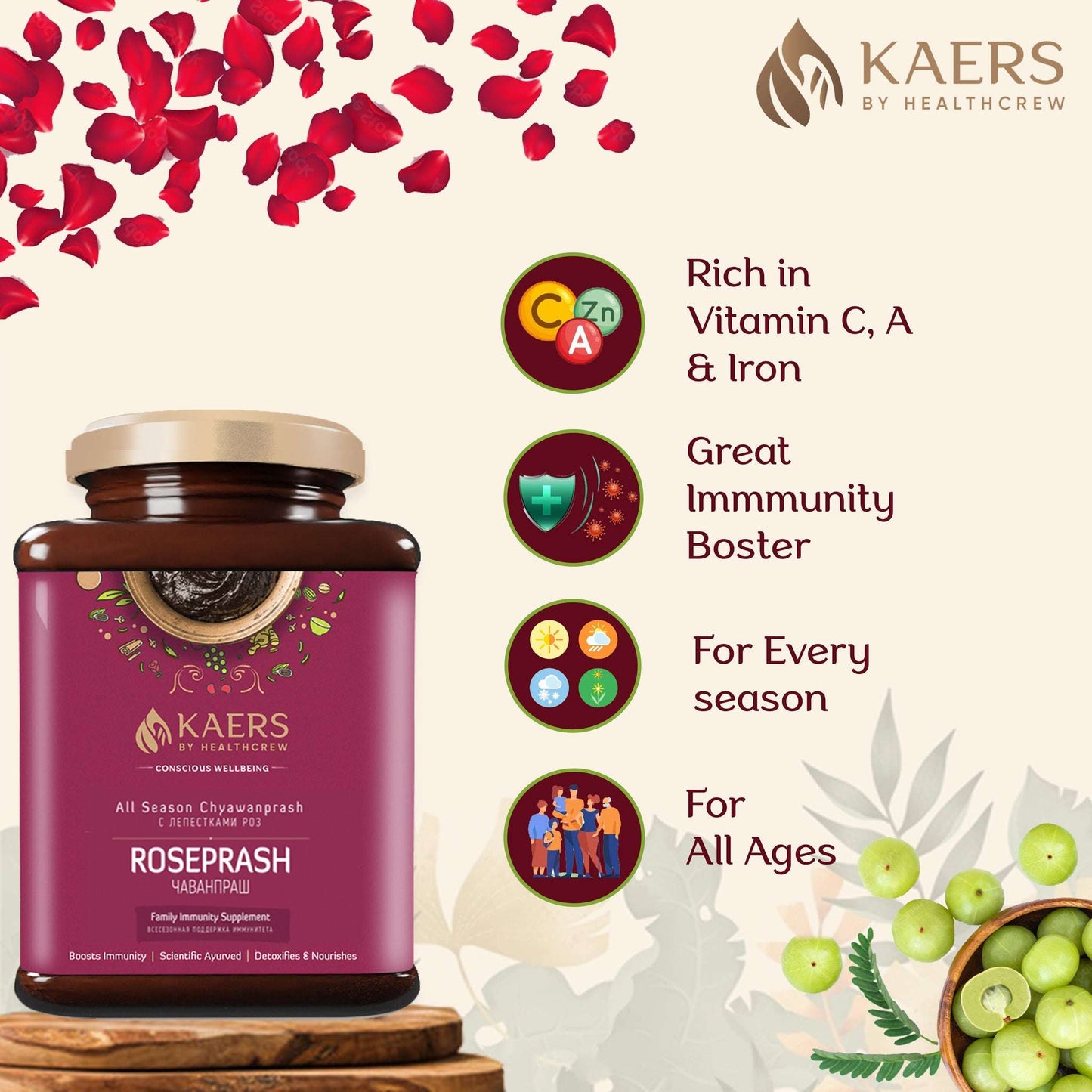 Kaers ROSEPRASH - Ayurvedic All Season Chyawanprash Enriched with Rose Petals | 500 gm Glass Jar - Kaers Life - Chyawanprash - kaers-by-healthcrew-roseprash-ayurvedic-all-season-chyawanprash-500-gm -