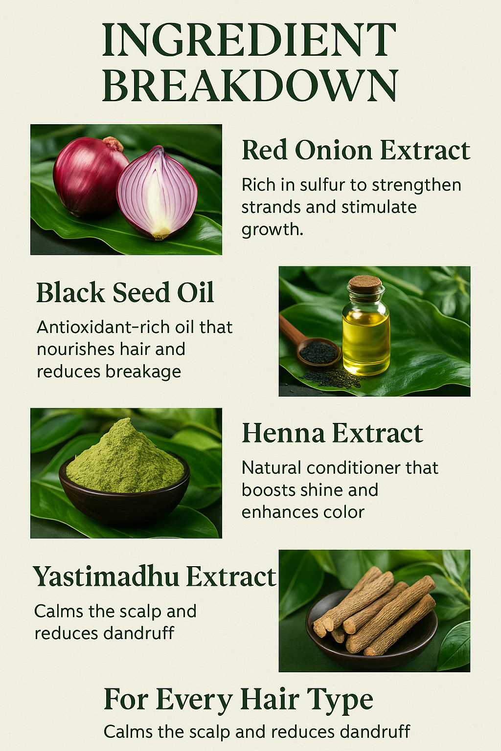 Ingredient breakdown of kaers hair care product with images and descriptions on a beige background