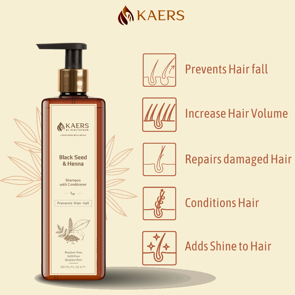 Kaers Hair Care Combo | Black Seed (Kalonji) & Henna Shampoo + Black Seed (Kalonji), Henna & Costus Root Hair Oil - Controls Hair Fall & Thinning | 200 ml + 200 ml - Kaers Life - Shampoo 200 ml & Hair Oil - kaers-kalonji-hair-care-combo-black-seed-henna-shampoo-black-seed-henna-costus-root-hair-oil-nourishment-of-hair-paraben-free-sles-free-dioxane-free-mineral-oil-free-controls-hair-fall-thinni - 