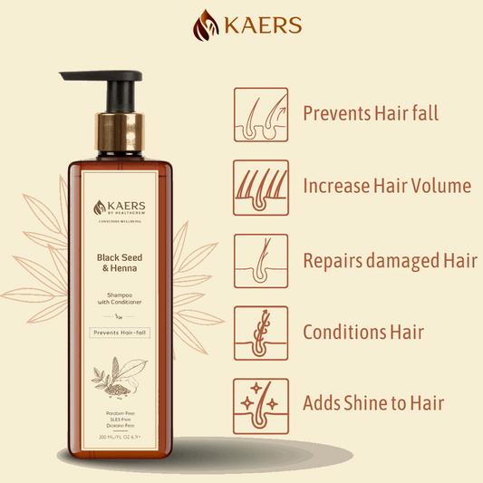 Kaers Hair Care Combo | Black Seed (Kalonji) & Henna Shampoo + Black Seed (Kalonji), Henna & Costus Root Hair Oil - Controls Hair Fall & Thinning | 200 ml + 200 ml - Kaers Life - Shampoo 200 ml & Hair Oil - kaers-kalonji-hair-care-combo-black-seed-henna-shampoo-black-seed-henna-costus-root-hair-oil-nourishment-of-hair-paraben-free-sles-free-dioxane-free-mineral-oil-free-controls-hair-fall-thinni - 