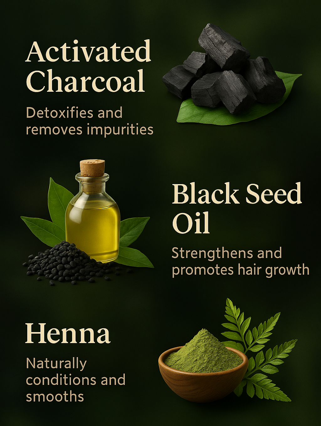 Promotional image of activated charcoal, black seed oil, and henna with text describing their benefits.