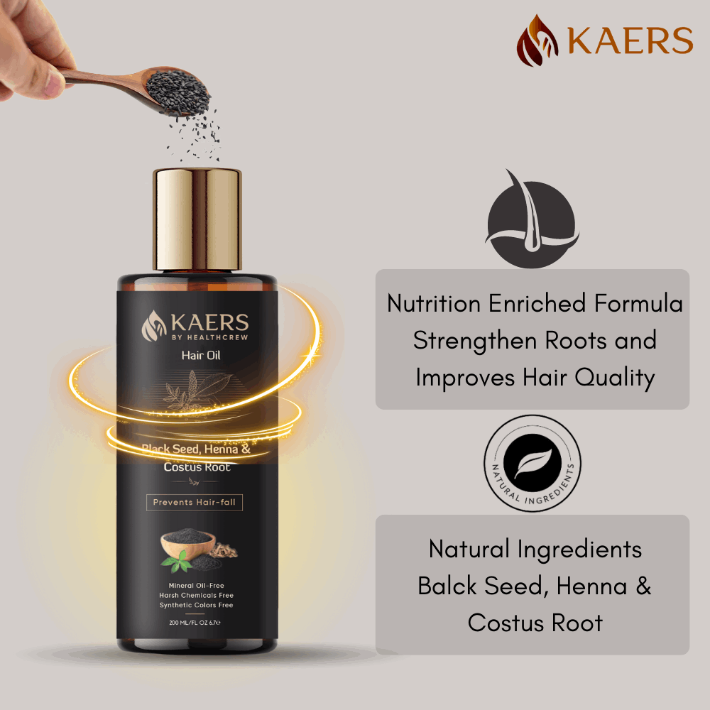 Kaers Hair Care Combo | Black Seed (Kalonji) & Henna Shampoo + Black Seed (Kalonji), Henna & Costus Root Hair Oil - Controls Hair Fall & Thinning | 200 ml + 200 ml - Kaers Life - Shampoo 200 ml & Hair Oil - kaers-kalonji-hair-care-combo-black-seed-henna-shampoo-black-seed-henna-costus-root-hair-oil-nourishment-of-hair-paraben-free-sles-free-dioxane-free-mineral-oil-free-controls-hair-fall-thinni - 