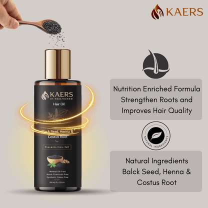 Kaers Hair Care Combo | Black Seed (Kalonji) & Henna Shampoo + Black Seed (Kalonji), Henna & Costus Root Hair Oil - Controls Hair Fall & Thinning | 200 ml + 200 ml - Kaers Life - Shampoo 200 ml & Hair Oil - kaers-kalonji-hair-care-combo-black-seed-henna-shampoo-black-seed-henna-costus-root-hair-oil-nourishment-of-hair-paraben-free-sles-free-dioxane-free-mineral-oil-free-controls-hair-fall-thinni - 