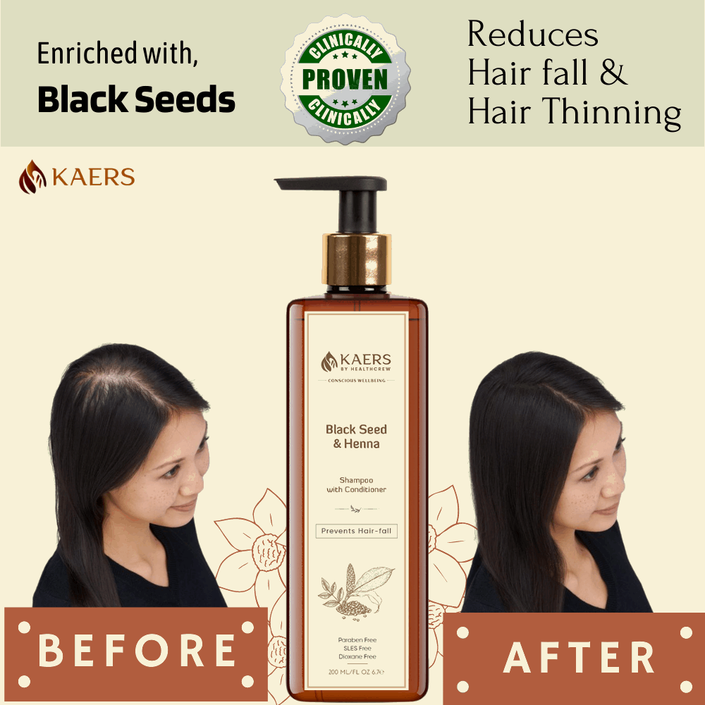 Kaers Hair Care Combo | Black Seed (Kalonji) & Henna Shampoo + Black Seed (Kalonji), Henna & Costus Root Hair Oil - Controls Hair Fall & Thinning | 200 ml + 200 ml - Kaers Life - Shampoo 200 ml & Hair Oil - kaers-kalonji-hair-care-combo-black-seed-henna-shampoo-black-seed-henna-costus-root-hair-oil-nourishment-of-hair-paraben-free-sles-free-dioxane-free-mineral-oil-free-controls-hair-fall-thinni - 