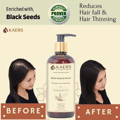 Kaers Hair Care Combo | Black Seed & Henna Shampoo + Black Seed, Henna & Costus Root Hair Oil - Controls Hair Fall & Thinning | 400 ml + 200 ml - Kaers Life - Shampoo 400 ml & Hair Oil - kaers-kalonji-hair-care-combo-black-seed-henna-shampoo-black-seed-henna-costus-root-hair-oil-nourishment-of-hair-paraben-free-sles-free-dioxane-free-mineral-oil-free-controls-hair-fall-thinni - 