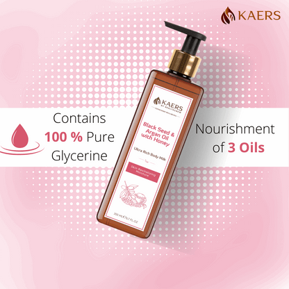 Kaers Kalonji (Black Seed) & Argan Oil with Honey Ultra Rich Body Milk - For Hydration and Moisturization | 200 ml - Kaers Life - Lotion & Moisturizer - kaers-by-healthcrew-ultra-rich-body-milk-black-seed-argan-oil-with-honey - 