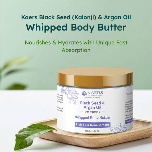 Black Seed (Kalonji) and Argan Oil with Vit E Whipped Body Butter - Nourishes & Hydrates with Unique Fast Absorption Formula | 100 g