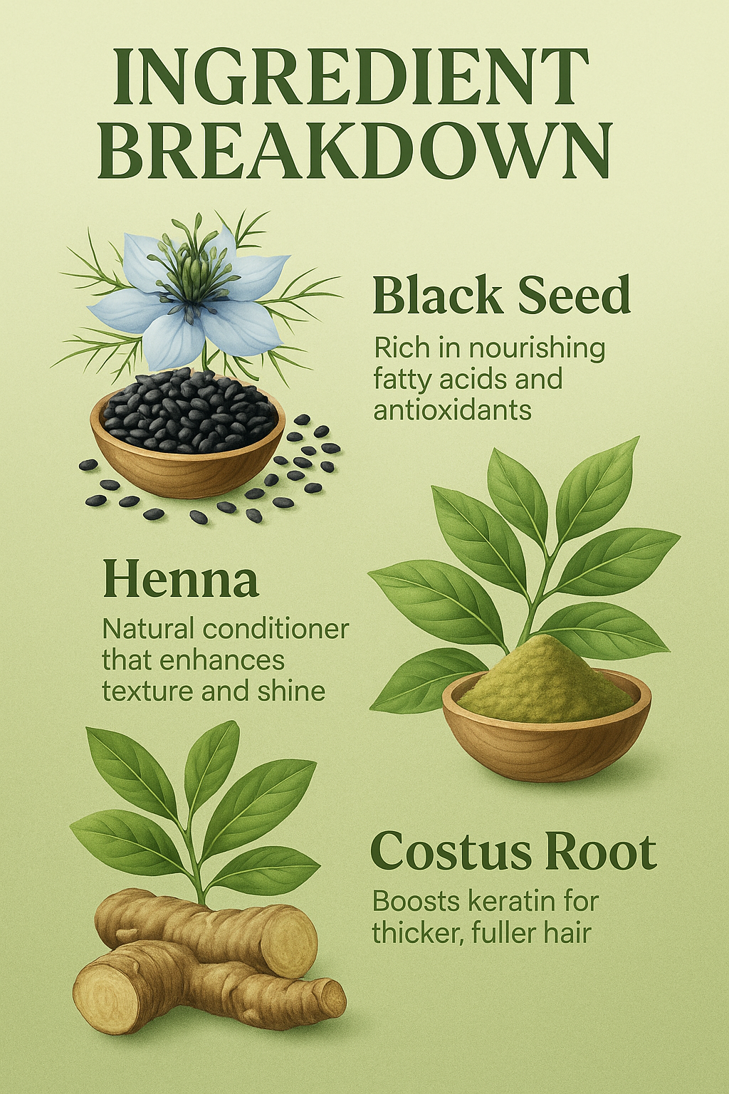 Ingredient breakdown of black seed, henna, and costus root with illustrations on a green background.