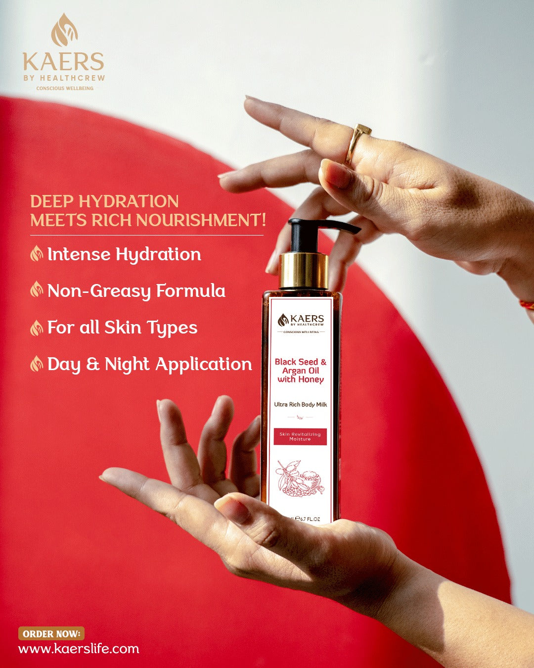 KAERS skincare product, black seed and argan oil with honey ultra rich body milk with text on deep hydration and benefits against a red and white background