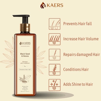 Kaers Kalonji (Black Seed) and Henna Herbal Shampoo with Conditioner - Paraben Free, SLES Free, Dioxane Free for Hair fall Prevention | 200 ml - Kaers Life - Shampoo & Conditioner - kaers-by-healthcrew-black-seed-kalonji-and-henna-herbal-shampoo-with-conditioner-200-ml - 
