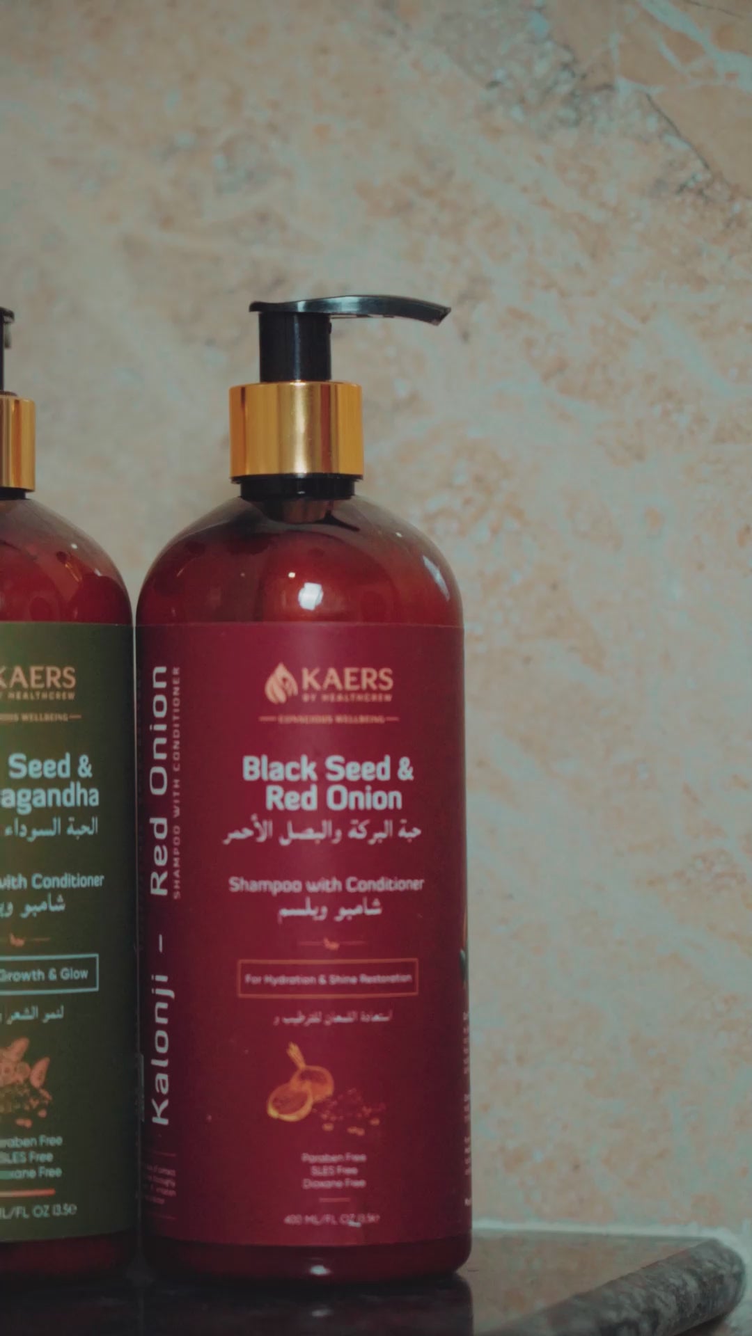 Kaers black seed and red onion shampoo video with a girl showing benefits of the shampoo
