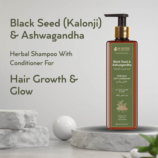 Black Seed (Kalonji) and Ashwagandha Herbal Shampoo with Conditioner - Paraben Free, SLES Free, Dioxane Free for Hair Growth & Glow | 200 ml