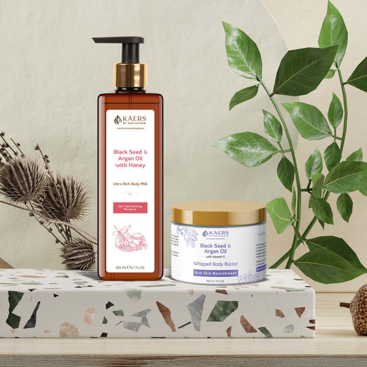 Kaers Kalonji Beauty Care Combo | Black Seed & Argan Oil with Honey Ultra Rich Body Milk Lotion  | Black Seed & Argan Oil with Vitamin E Whipped Body Butter | Nourishes & Hydrates with Unique - Kaers Life - Body Milk & Body Butter - kaers-kalonji-beauty-care-combo-black-seed-argan-oil-with-honey-ultra-rich-body-milk-lotion-black-seed-argan-oil-with-vitamin-e-whipped-body-butter-nourishes-hydrates-with-unique-fast-absorpt - 