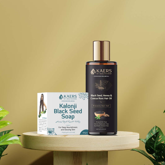 Kaers Hair & Skin Care Combo | Black Seed, Henna & Costus Root Hair Oil + Pure Black Seed Luxury Soap | 200 ml + 150 g - Kaers Life - Hair Oil & Soap - kaers-kalonji-hair-skin-care-combo-black-seed-henna-costus-root-hair-oil-pure-black-seed-luxury-soap-100-natural-ayurvedic-nourishment-of-hair-deep-nourishment-glowing-skin-200-ml-150-gm-valu - 