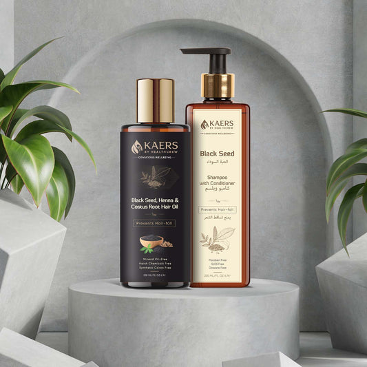 Kaers Hair Care Combo | Black Seed (Kalonji) & Henna Shampoo + Black Seed (Kalonji), Henna & Costus Root Hair Oil - Controls Hair Fall & Thinning | 200 ml + 200 ml - Kaers Life - Shampoo 200 ml & Hair Oil - kaers-kalonji-hair-care-combo-black-seed-henna-shampoo-black-seed-henna-costus-root-hair-oil-nourishment-of-hair-paraben-free-sles-free-dioxane-free-mineral-oil-free-controls-hair-fall-thinni - 