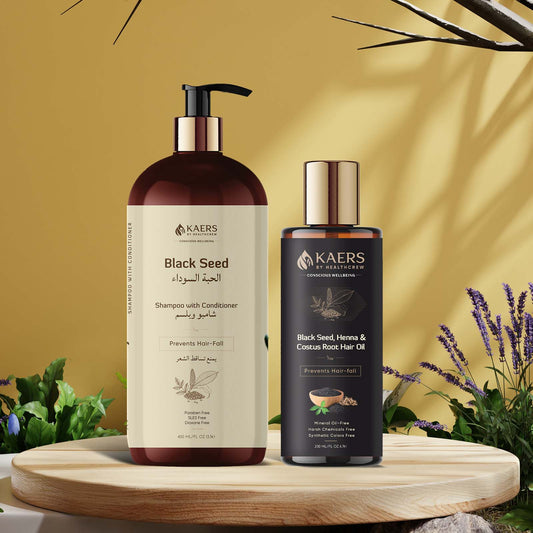 Kaers Hair Care Combo | Black Seed & Henna Shampoo + Black Seed, Henna & Costus Root Hair Oil - Controls Hair Fall & Thinning | 400 ml + 200 ml - Kaers Life - Shampoo 400 ml & Hair Oil - kaers-kalonji-hair-care-combo-black-seed-henna-shampoo-black-seed-henna-costus-root-hair-oil-nourishment-of-hair-paraben-free-sles-free-dioxane-free-mineral-oil-free-controls-hair-fall-thinni - 