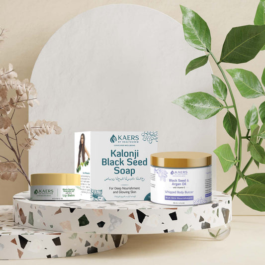 Kaers Kalonji Beauty Care Combo | Luxury Black Seed Soap | Kalonji Soap For Deep Nourishment & Glowing Skin | Whipped Body Butter | Luscious Lip Balm | Skin Conditioning & Revitalizing | 150  - Kaers Life - Soap, Body Butter & Lip Balm - kaers-kalonji-beauty-care-combo-luxury-black-seed-soap-kalonji-soap-for-deep-nourishment-glowing-skin-whipped-body-butter-luscious-lip-balm-skin-conditioning-revitalizing-150-gm-100-gm-8-gm-v - 