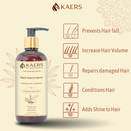 Kaers Hair Care Combo | Black Seed & Henna Shampoo + Black Seed, Henna & Costus Root Hair Oil - Controls Hair Fall & Thinning | 400 ml + 200 ml - Kaers Life - Shampoo 400 ml & Hair Oil - kaers-kalonji-hair-care-combo-black-seed-henna-shampoo-black-seed-henna-costus-root-hair-oil-nourishment-of-hair-paraben-free-sles-free-dioxane-free-mineral-oil-free-controls-hair-fall-thinni - 