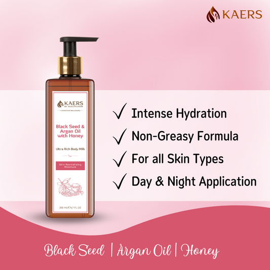 Kaers Kalonji Beauty Care Combo | Black Seed & Argan Oil with Honey Ultra Rich Body Milk Lotion  | Black Seed & Argan Oil with Vitamin E Whipped Body Butter | Nourishes & Hydrates with Unique - Kaers Life - Body Milk & Body Butter - kaers-kalonji-beauty-care-combo-black-seed-argan-oil-with-honey-ultra-rich-body-milk-lotion-black-seed-argan-oil-with-vitamin-e-whipped-body-butter-nourishes-hydrates-with-unique-fast-absorpt - 