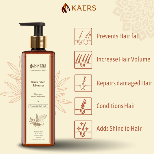 Kaers Hair Care Combo | Black Seed (Kalonji) & Henna Shampoo + Black Seed (Kalonji), Henna & Costus Root Hair Oil - Controls Hair Fall & Thinning | 200 ml + 200 ml - Kaers Life - Shampoo 200 ml & Hair Oil - kaers-kalonji-hair-care-combo-black-seed-henna-shampoo-black-seed-henna-costus-root-hair-oil-nourishment-of-hair-paraben-free-sles-free-dioxane-free-mineral-oil-free-controls-hair-fall-thinni - 