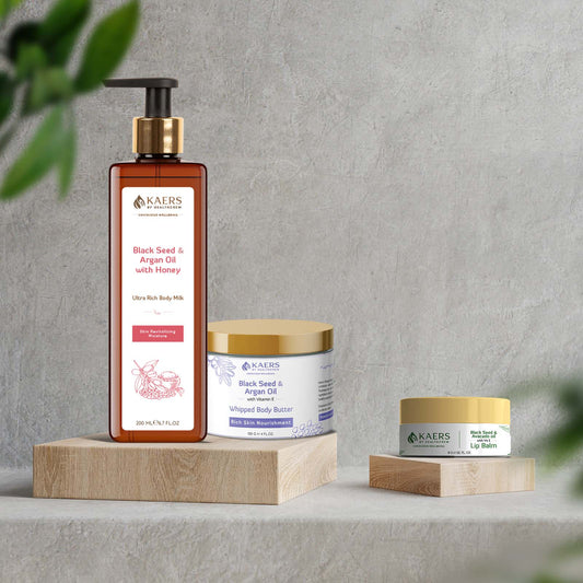 Kaers Beauty Care Combo | Ultra Rich Kalonji (Black Seed), Argan Oil & Honey Body Milk + Kalonji (Black Seed), Argan Oil & Vit E Whipped Body Butter + Kalonji (Black Seed) & Avocado with Vit  - Kaers Life - Body Milk, Body Butter & Lip Balm - kaers-kalonji-beauty-care-combo-ultra-rich-kalonji-body-milk-lotion-whipped-body-butter-luscious-lip-balm-skin-conditioning-revitalizing-200-ml-100-gm-8-gm-value-pack - 