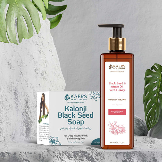 Kaers Kalonji Beauty Care Combo | Ultra Rich Kalonji Body Milk Lotion | Luxury Black Seed Soap | Kalonji Soap For Deep Nourishment & Glowing Skin | Anti-Fungal & Anti-Bacterial | For All Skin - Kaers Life - Body Milk & Soap - kaers-kalonji-beauty-care-combo-ultra-rich-kalonji-body-milk-lotion-kalonji-soap-for-deep-nourishment-glowing-skin-anti-fungal-anti-bacterial-for-dry-to-normal-skin-soft-glowing-skin-skin-con - 