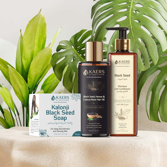 Kaers Hair & Skin Care Combo | Kalonji (Black Seed) & Henna Shampoo with Conditioner + Kalonji (Black Seed), Henna & Costus Root Hair Oil + Pure Kalonji (Black Seed) Luxury Soap | 200 ml + 20 - Kaers Life - Shampoo, Hair Oil & Soap - kaers-kalonji-combo-black-seed-henna-shampoo-black-seed-henna-costus-root-hair-oil-pure-black-seed-luxury-soap-nourishment-of-hair-and-skin-deep-nourishment-glowing-skin-200-ml-200-ml-150-gm- - 