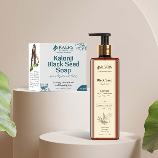 Kaers Hair & Skin Care Combo | Black Seed & Henna Shampoo with Conditioner + Pure Black Seed Luxury Soap | 200 ml + 150 g - Kaers Life - Shampoo & Soap - kaers-kalonji-hair-skin-care-combo-black-seed-henna-shampoo-pure-black-seed-luxury-soap-nourishment-of-hair-and-skin-paraben-free-sles-free-dioxane-free-deep-nourishment-glowing-skin-200-ml-1 - 