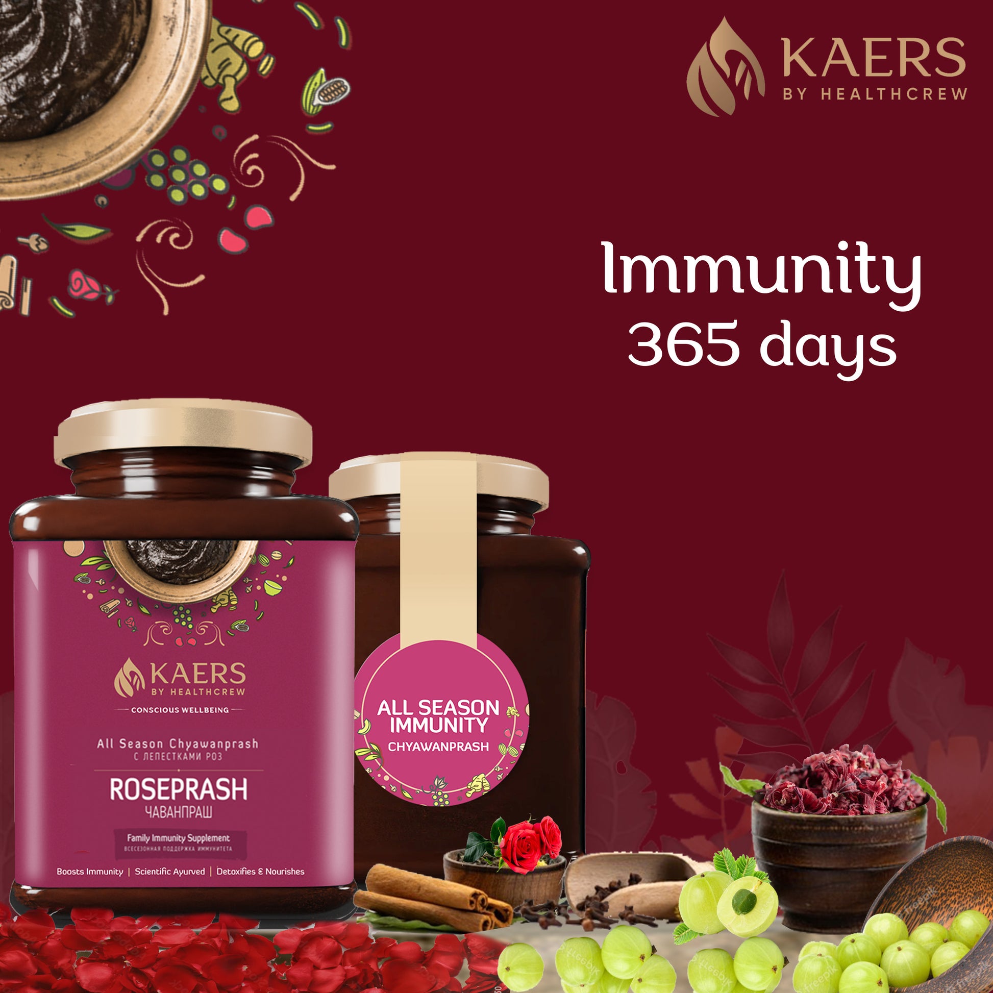 Kaers ROSEPRASH - Ayurvedic All Season Chyawanprash Enriched with Rose Petals | 500 gm Glass Jar - Kaers Life - Chyawanprash - kaers-by-healthcrew-roseprash-ayurvedic-all-season-chyawanprash-500-gm - 