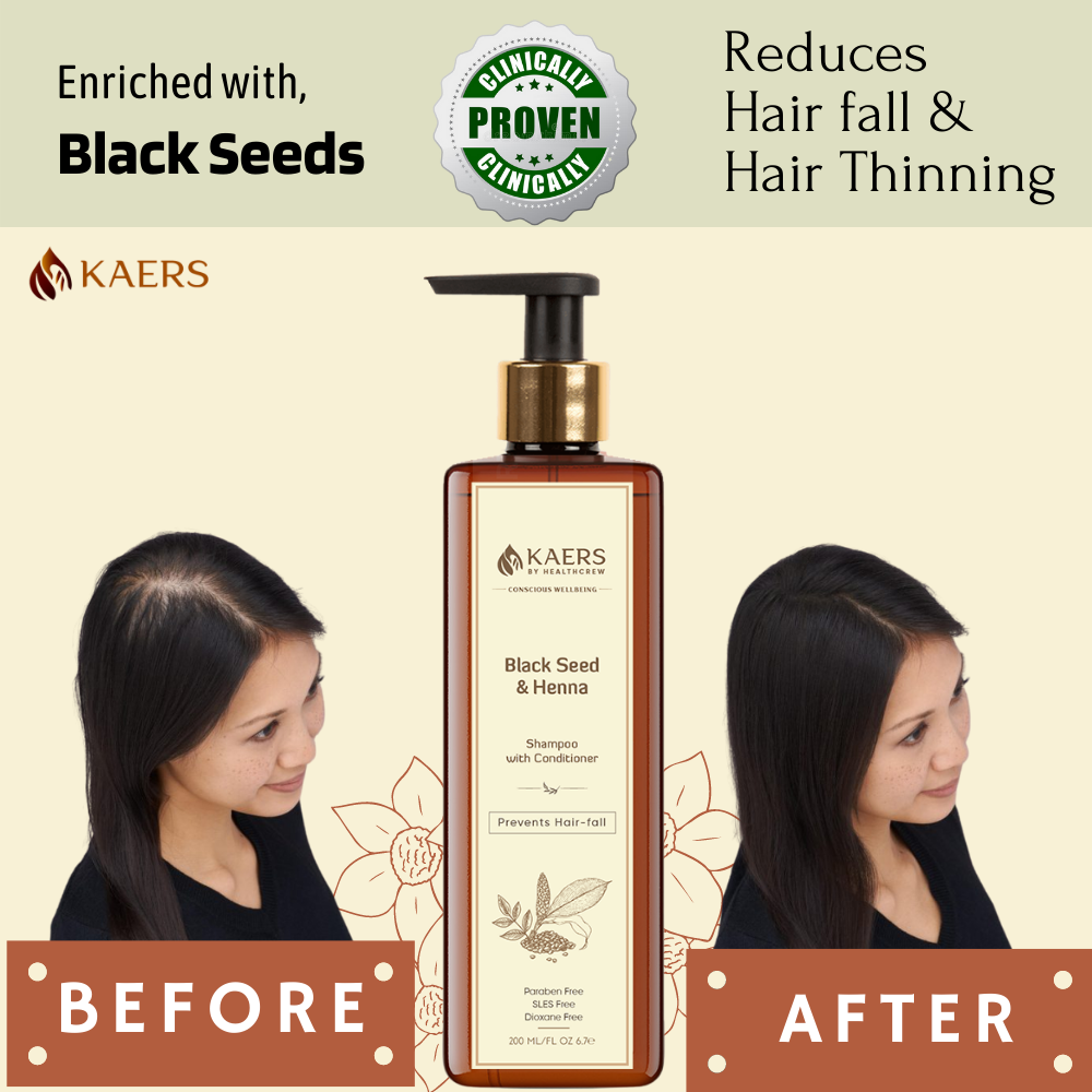 Kaers Kalonji (Black Seed) and Henna Herbal Shampoo with Conditioner - Paraben Free, SLES Free, Dioxane Free for Hair fall Prevention | 200 ml - Kaers Life - Shampoo & Conditioner - kaers-by-healthcrew-black-seed-kalonji-and-henna-herbal-shampoo-with-conditioner-200-ml - 