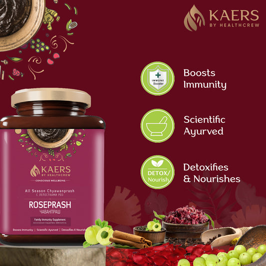 Kaers ROSEPRASH - Ayurvedic All Season Chyawanprash Enriched with Rose Petals | 500 gm Glass Jar - Kaers Life - Chyawanprash - kaers-by-healthcrew-roseprash-ayurvedic-all-season-chyawanprash-500-gm - 