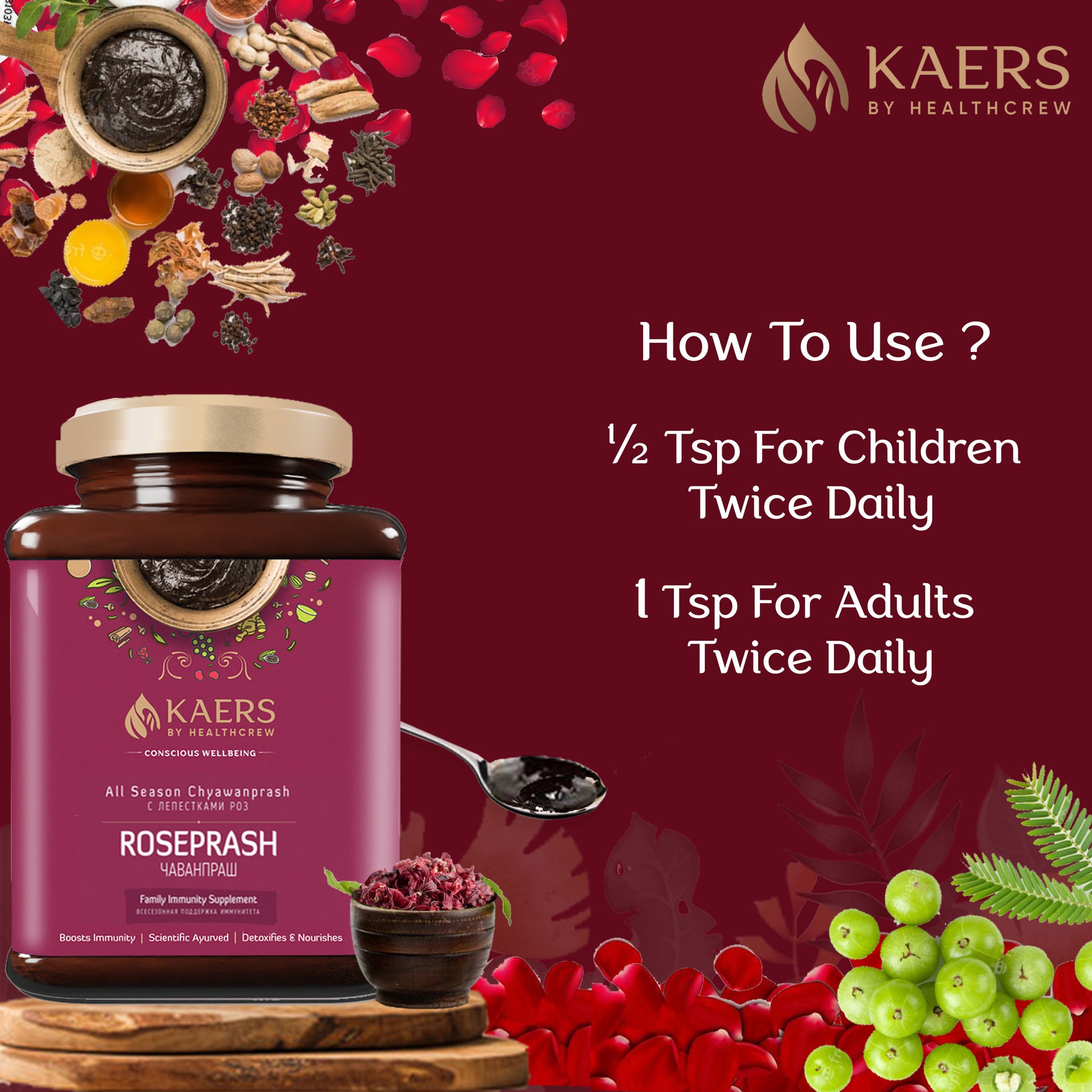 Kaers ROSEPRASH - Ayurvedic All Season Chyawanprash Enriched with Rose Petals | 500 gm Glass Jar - Kaers Life - Chyawanprash - kaers-by-healthcrew-roseprash-ayurvedic-all-season-chyawanprash-500-gm - 